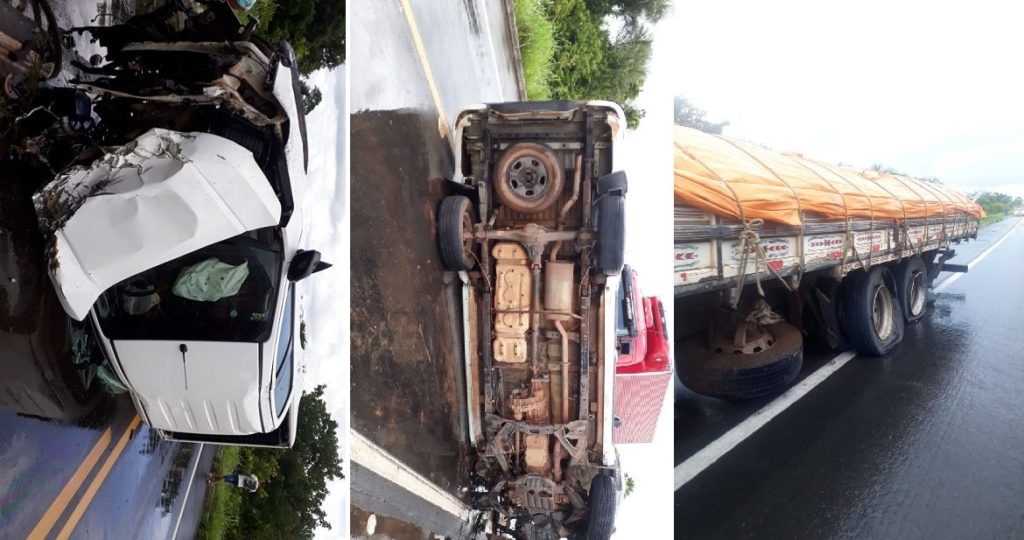 Picape tomba após colidir em caminhão na BR-343