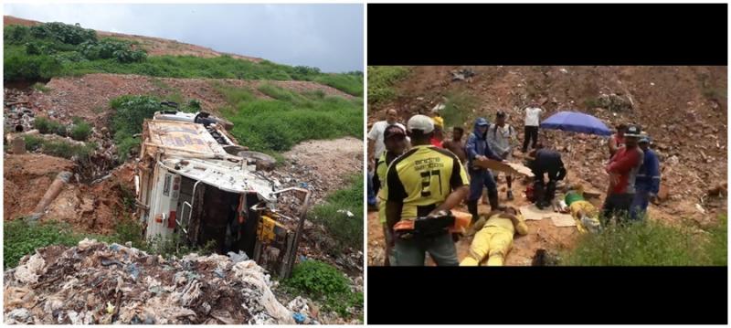 Caminhão de lixo tomba e deixa 2 feridos em aterro sanitário no Piauí