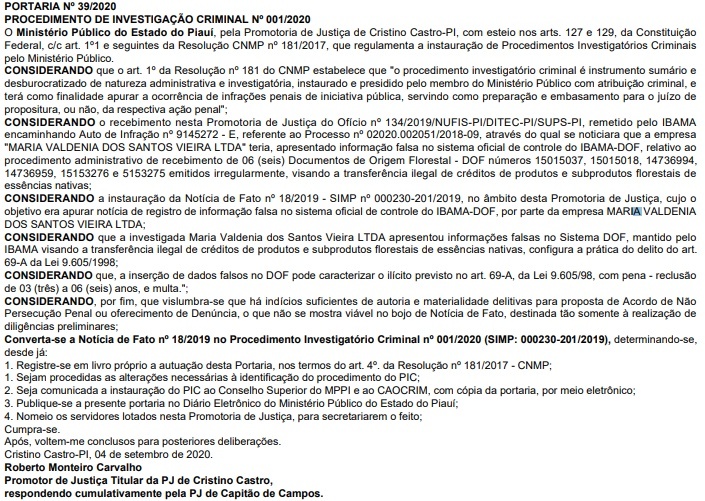 Empresa é investigada por registrar informações falsas no sistema do Ibama no Piauí