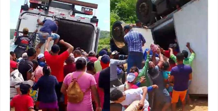 Caminhão carregado de carne é saqueado após tombar na rodovia PI-245, entre Vera Mendes e Itainópolis
