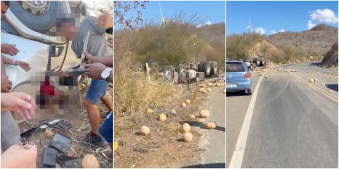 Caminhão carregado de abóbora capota na ladeira do S na BR-316 em Marcolândia