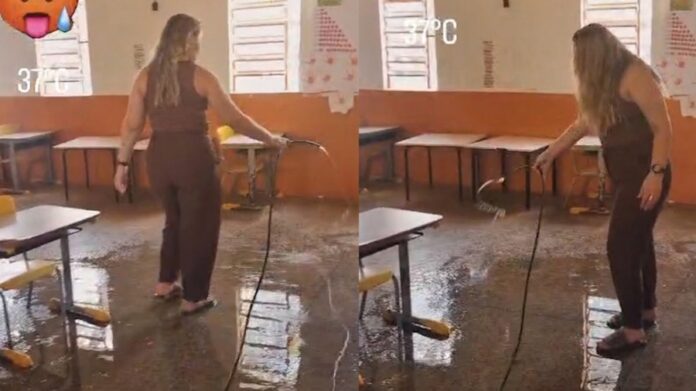 Professora viraliza ao molhar sala de aula para amenizar calor em escola do interior do Piauí