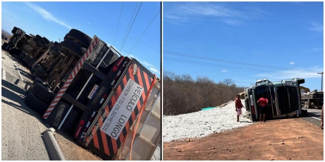 Caminhão carregado de algodão tomba na PI-245 entre Vera Mendes e Itainópolis; motorista sofre ferimentos leves